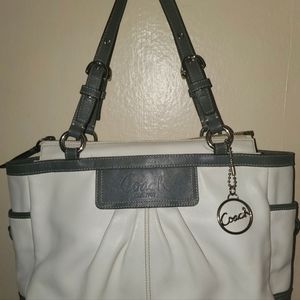 White and Gray Leather Coach Handbag with Lilac Interior